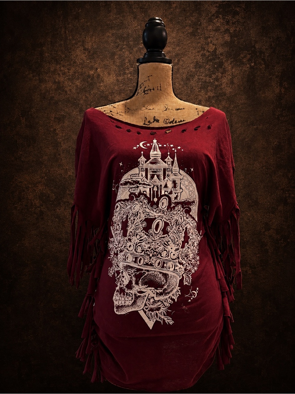 Women’s Burgundy Fringe Graphic Tunic Top - Boho Skull Castle Print